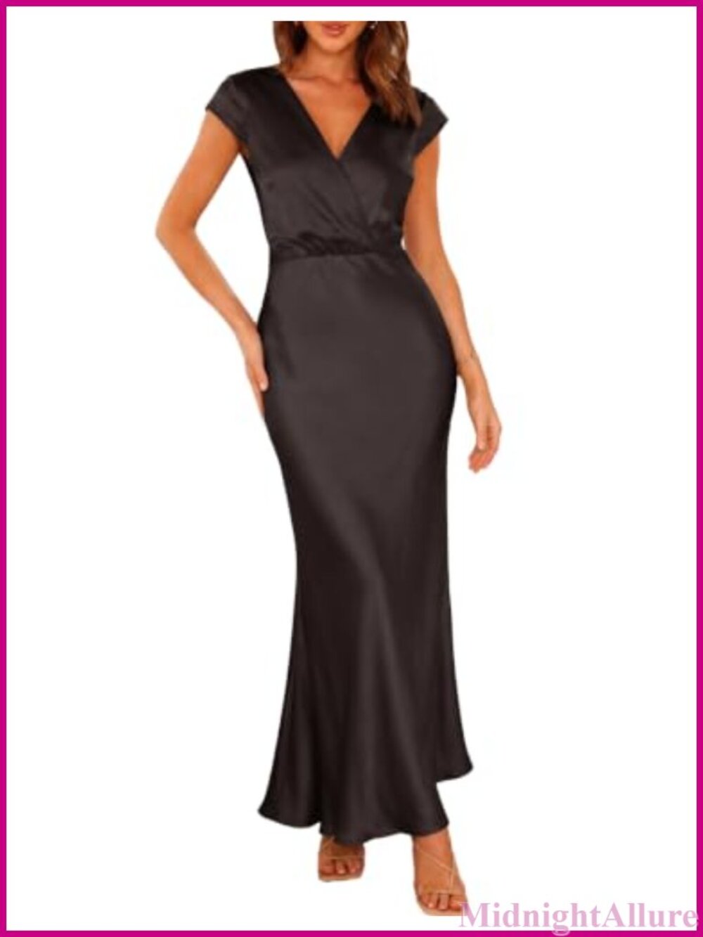 Satin Maxi Dress V Neck Cap Sleeve Formal Wedding Guest